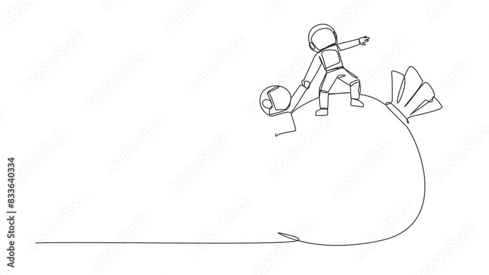 Self drawing animation of single line drawing astronaut helps colleague to climb big money bag. Collaborate to gain mutual benefit. Stronger together. Great teamwork. Cohesive. Full length animated