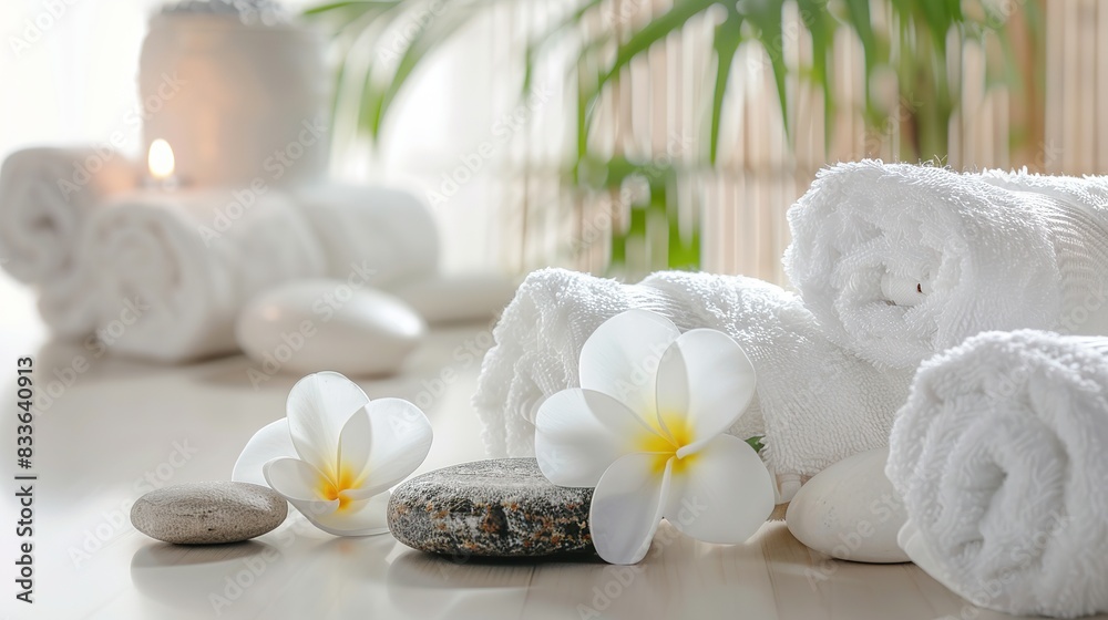 luxurious spa background with candles, rolled towels, and flowers, serene atmosphere for relaxation and wellness, concept for spa retreats, beauty salons, wellness centers. luxurious spa background with candles, rolled towels, and flowers, serene atmosphere for relaxation and wellness, concept for spa retreats, beauty salons, wellness centers.
