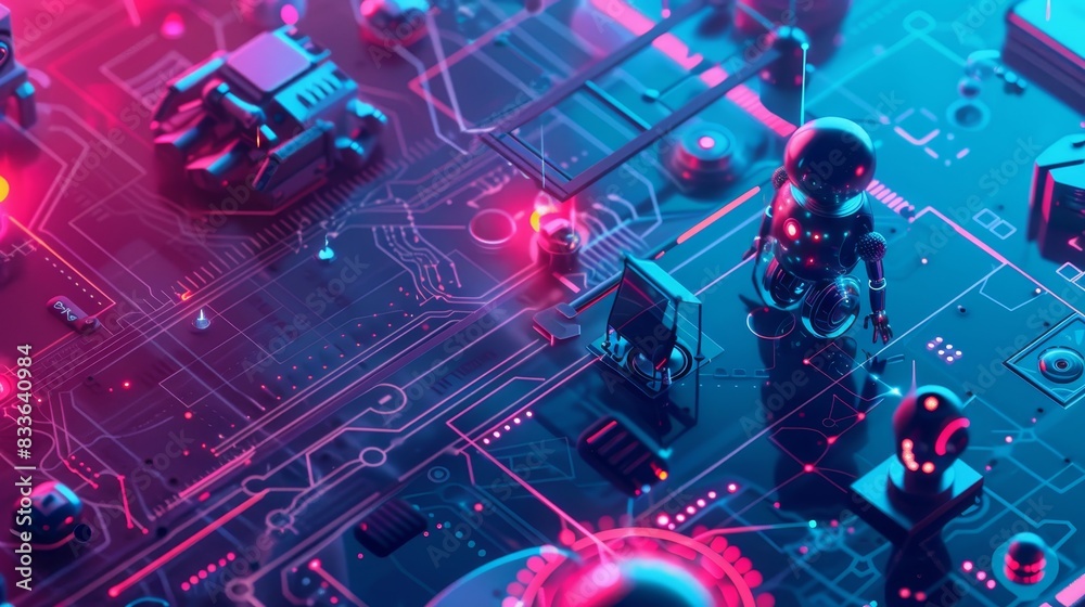 Close-up of a futuristic circuit board with glowing neon lights in vibrant colors, representing advanced technology and innovation. Close-up of a futuristic circuit board with glowing neon lights in vibrant colors, representing advanced technology and innovation.