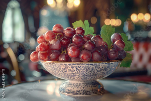Ruby Roman Grapes in Decorative Bowl on Luxurious Dining Table