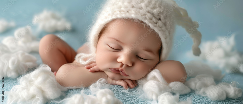 Baby Wearing White Knitted Hat Sleeping on Blue Blanket Baby Wearing White Knitted Hat Sleeping on Blue Blanket