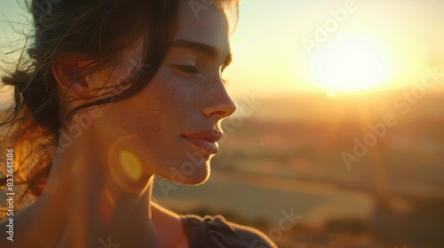 A happy woman, standing on top of a mountain at sunset with her eyes closed, feeling the heat and enjoying the stunning natural landscape and sky AIG50