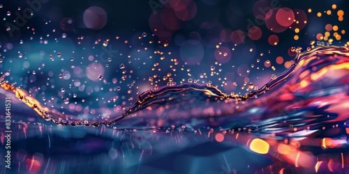 Colorful water droplets with vibrant bokeh lights photo