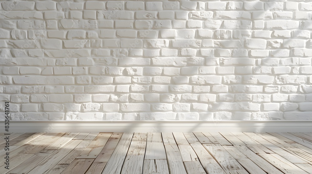 Empty white wall background interior with a wooden floor and light beige brick texture, a room mock up for presentation of a design concept in the style of home decoration.