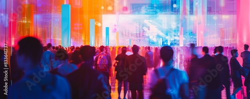 Crowd of people at a vibrant, colorful tech event with digital screens and lights. Blurred figures in a contemporary, bustling atmosphere.