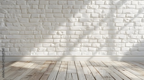 Empty white wall background interior with a wooden floor and light beige brick texture  a room mock up for presentation of a design concept in the style of home decoration.