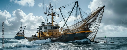 Gigantic fishing boat in the ocean, using large nets to capture fish, Greenpeace vessel observing nearby