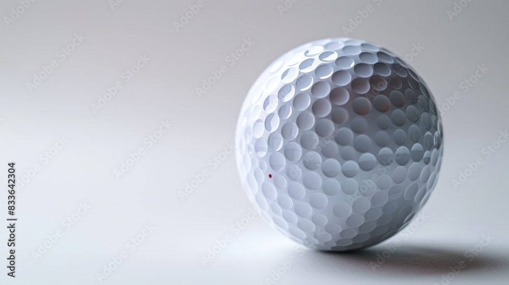 A white golf ball with dimples sits on a white surface. A white golf ball with dimples sits on a white surface.