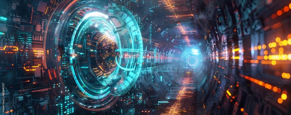 Futuristic digital tunnel with vibrant colors and glowing lights, depicting a high-tech and sci-fi environment, representing technology advancements. Futuristic digital tunnel with vibrant colors and glowing lights, depicting a high-tech and sci-fi environment, representing technology advancements.