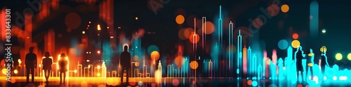 A vibrant bar graph with a sharp, neon-colored spike representing a sudden increase in market performance, and a range of people icons showing differences in wealth. © HASHMAT