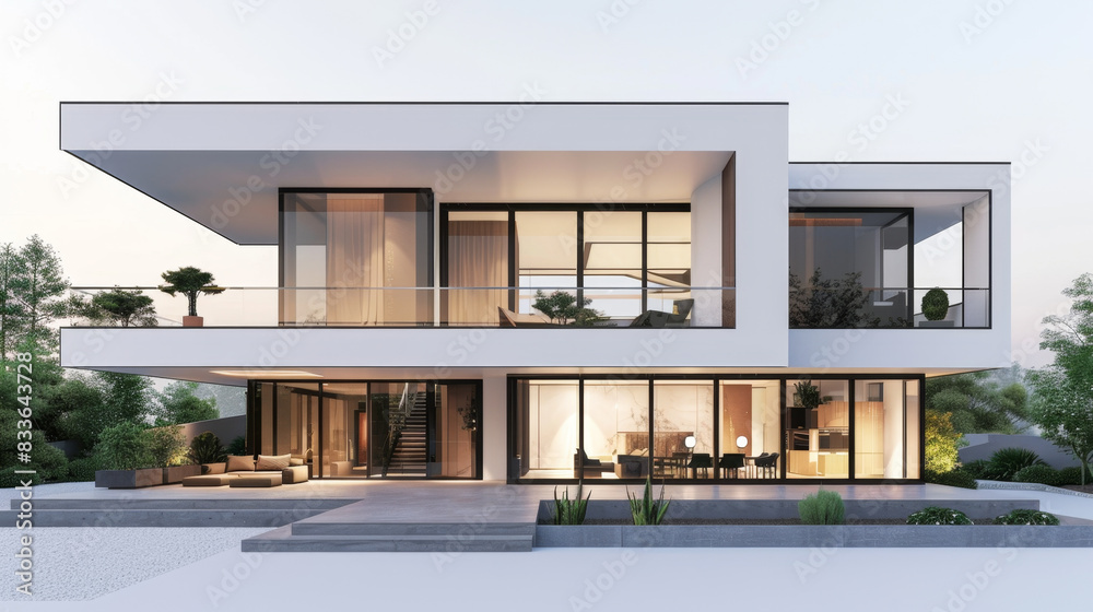 Sleek, elegant modern house in 3D rendering against clean white background Sleek, elegant modern house in 3D rendering against clean white background