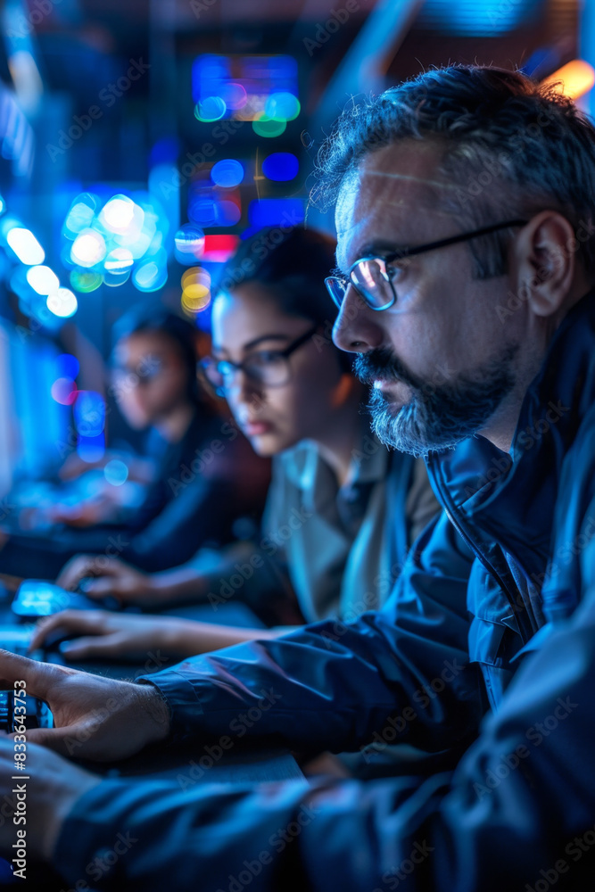 Obraz premium Security teams coordinate during cyber attack in cybersecurity operations
