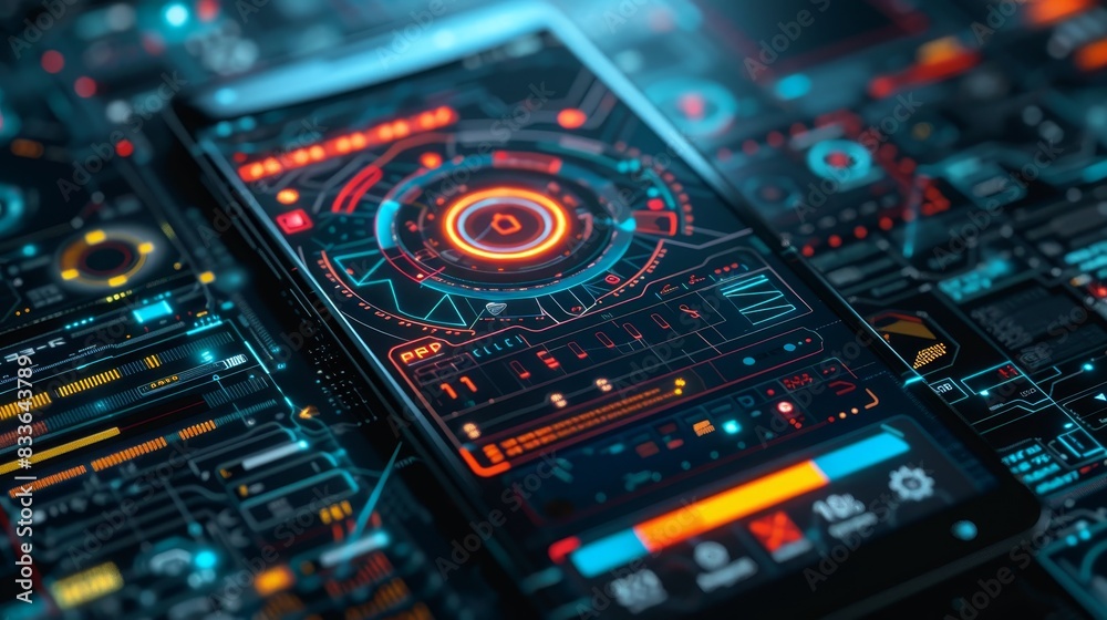 Futuristic smartphone interface with neon lights and digital circuit. High-tech concept of modern technology and innovation. Futuristic smartphone interface with neon lights and digital circuit. High-tech concept of modern technology and innovation.