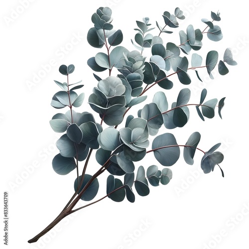zarte Aquarellillustration eines Eukalyptuszweigs zeigt natürliche Eleganz und Stil. Die sanften Grüntöne und das detaillierte Blattwerk schaffen eine beruhigende Atmosphäre photo