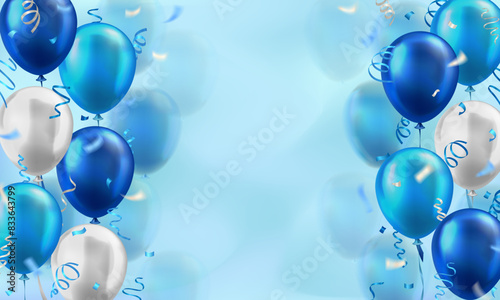 Template of background with 3d blue and white realistic balloons with confetti ribbons frame and empty space for greeting text or invitation. Cyan wallpaper for celebration, sale, opening, holiday