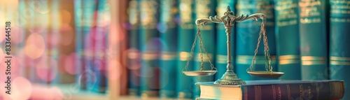 Legal books and scales of justice in a library setting, representing law, legal practice, and justice system concepts.
