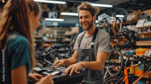 Bicycle store employee using the cash register surrounded by shelves of bicycle helmets and equipment photo