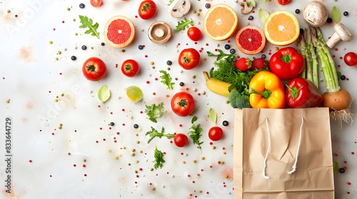 Fruit and vegetable paper bag with vegetables, fruits and mushrooms flying out of it on white background. Copy space banner for online grocery shopping service. photo