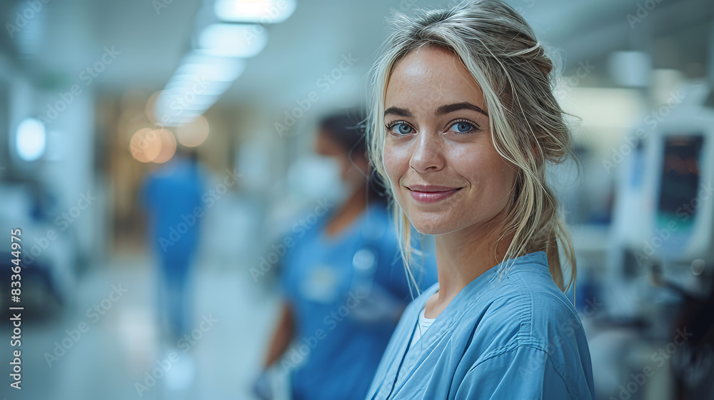 Woman in Scrubs Standing in Hospital Hallway Woman in Scrubs Standing in Hospital Hallway