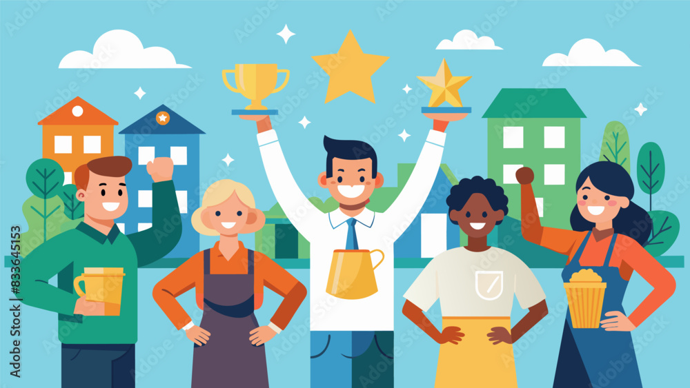 A group of small business owners being celebrated for their hard work and dedication to providing goods and services to the community showcasing the. Vector illustration A group of small business owners being celebrated for their hard work and dedication to providing goods and services to the community showcasing the. Vector illustration