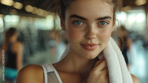 Girl in sportswear, holding a towel around her neck, in the middle of a busy gym