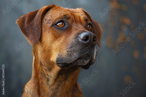 Close-up portrait of a brown dog with soulful  deep-set eyes and a profound expression  glossy coat