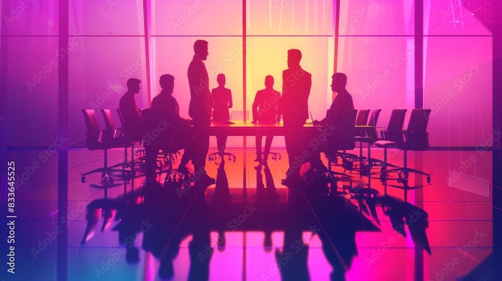 Silhouetted business meeting in modern office with colorful lighting, depicting teamwork, collaboration, and corporate environment. Silhouetted business meeting in modern office with colorful lighting, depicting teamwork, collaboration, and corporate environment.