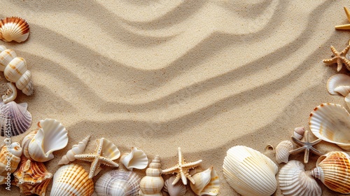 Sandy beach covered with shells background 