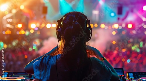 Cool dj girl with headphones and sunglasses on stage
