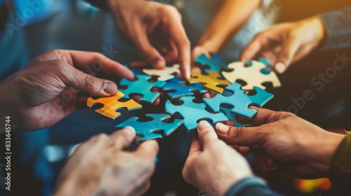 A professional business team collaborates to assemble a jigsaw puzzle, symbolizing teamwork to solve a complex business problem