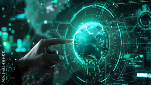 Wallpaper Mural A futuristic digital interface with a hand pointing towards a holographic globe, symbolizing global marketing strategies and innovation Torontodigital.ca