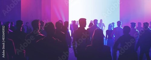 Silhouettes of people at a vibrant party or concert with a colorful light display in the background.