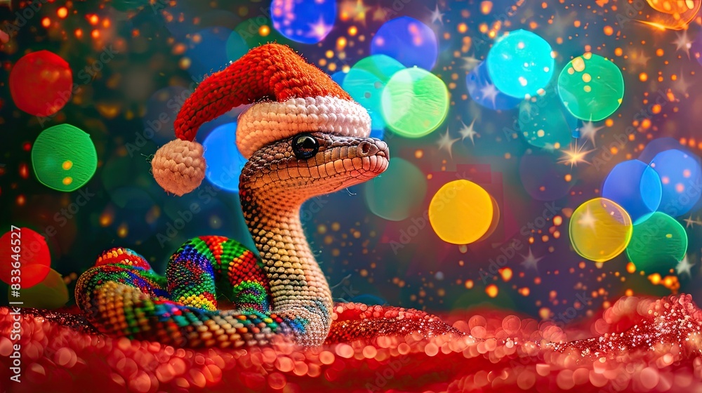 A knitted snake wearing a Santa hat surrounded by festive lights A knitted snake wearing a Santa hat surrounded by festive lights