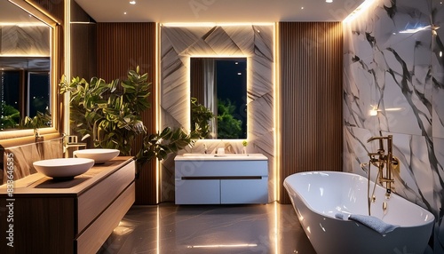Premium luxury modern bathroom with marble, water sink, bath up and led lights strips