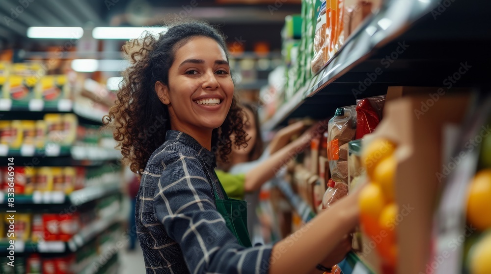 Happy employee placing items on a supermarket shelf, with other staff members organizing goods in the background Happy employee placing items on a supermarket shelf, with other staff members organizing goods in the background