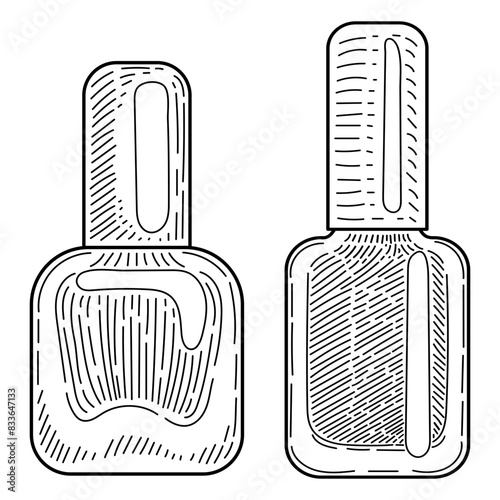 Gel polish for nails line art. Manicure tool. Set of bottles with a brush. Hand drawn vector sketch illustration. Decorative cosmetics.