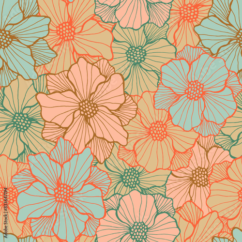 Vibrant chrysanthemum flower seamless design. Hand drawn bouquet background. Poppy