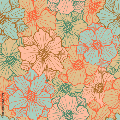 Vibrant chrysanthemum flower seamless design. Hand drawn bouquet background. ...