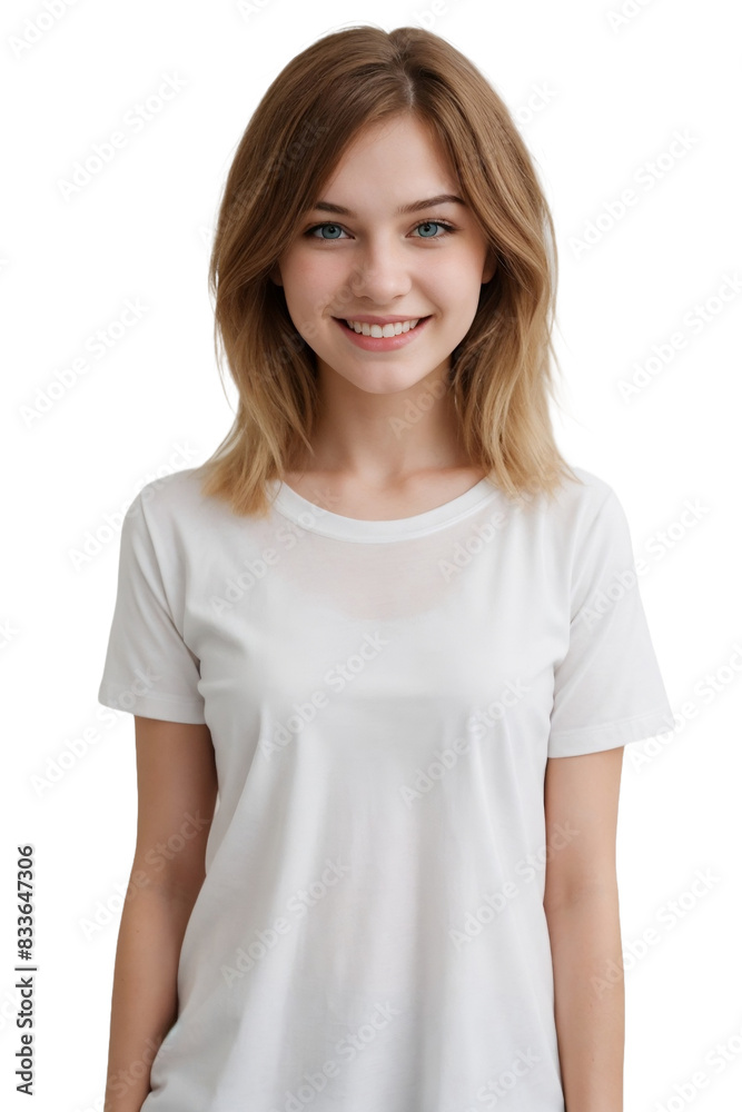 Portrait of a young Russian girl wearing white t-shirt, smiling and looking at the camera, isolated, transparent background, no background. PNG. Portrait of a young Russian girl wearing white t-shirt, smiling and looking at the camera, isolated, transparent background, no background. PNG.