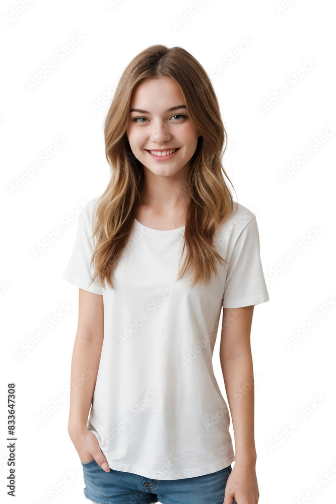 Portrait of a young Russian girl wearing white t-shirt, smiling and looking at the camera, isolated, transparent background, no background. PNG. Portrait of a young Russian girl wearing white t-shirt, smiling and looking at the camera, isolated, transparent background, no background. PNG.