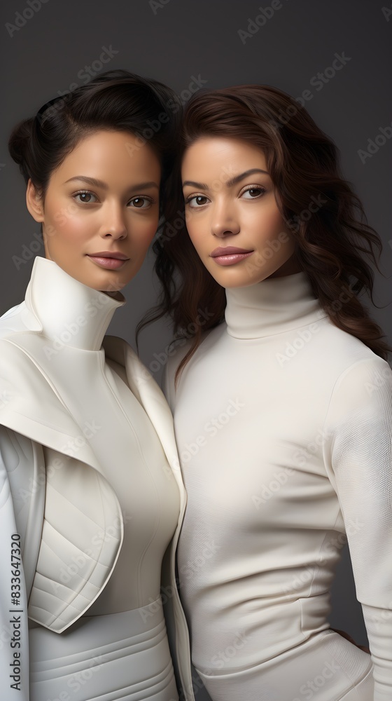 Modern fashion twins captivating in stylish white attire with a futuristic flair Modern fashion twins captivating in stylish white attire with a futuristic flair