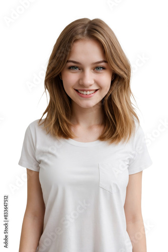 Portrait of a young Russian girl wearing white t-shirt, smiling and looking at the camera, isolated, transparent background, no background. PNG. © PNG&Background Image