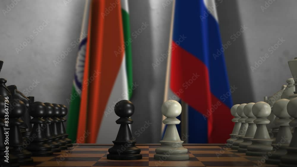 Russia and India Flags with Chess Game Animation. Politics Concept, Government Conflict Russia and India Flags with Chess Game Animation. Politics Concept, Government Conflict