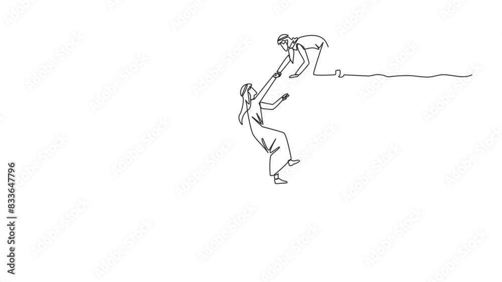 Animation of continuous line drawing Arabian businessman helps colleague climb a wide hole. Teamwork helps colleague who fallen. Inviting success together. Cohesive. Full length motion Animation of continuous line drawing Arabian businessman helps colleague climb a wide hole. Teamwork helps colleague who fallen. Inviting success together. Cohesive. Full length motion