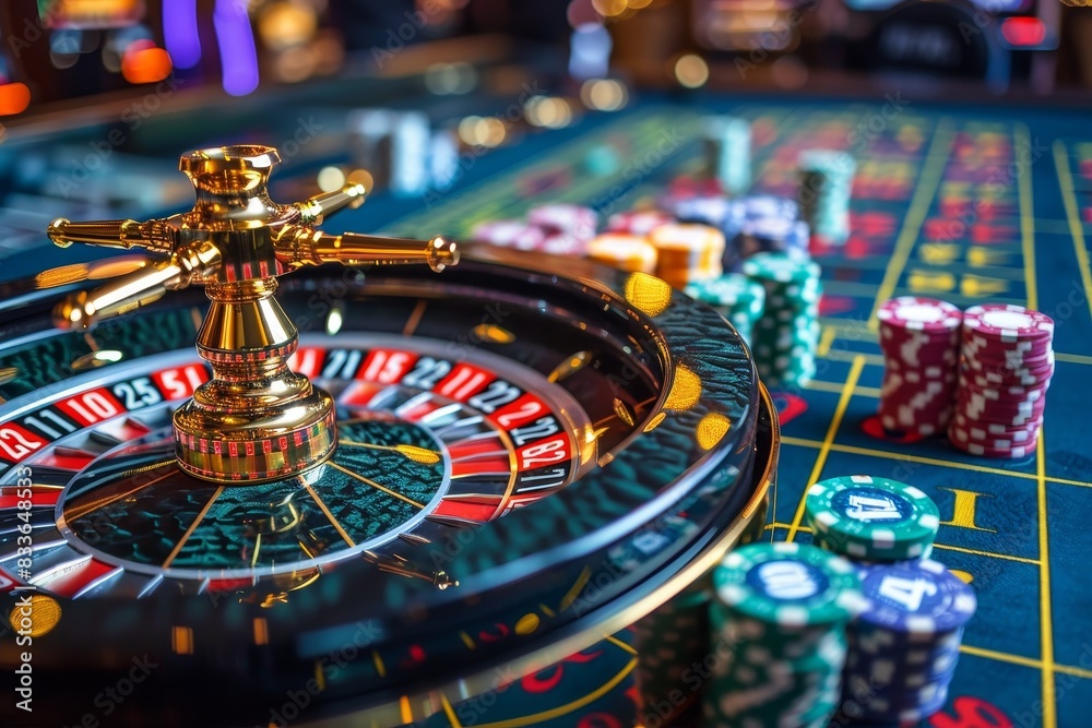 Detailed image of a roulette wheel with stacks of chips and a rake Detailed image of a roulette wheel with stacks of chips and a rake