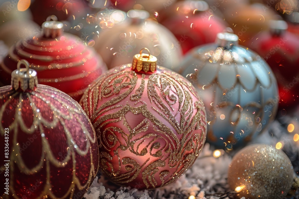 Close-up of mixed Christmas baubles with intricate patterns and glimmering details against a snowy backdrop Close-up of mixed Christmas baubles with intricate patterns and glimmering details against a snowy backdrop