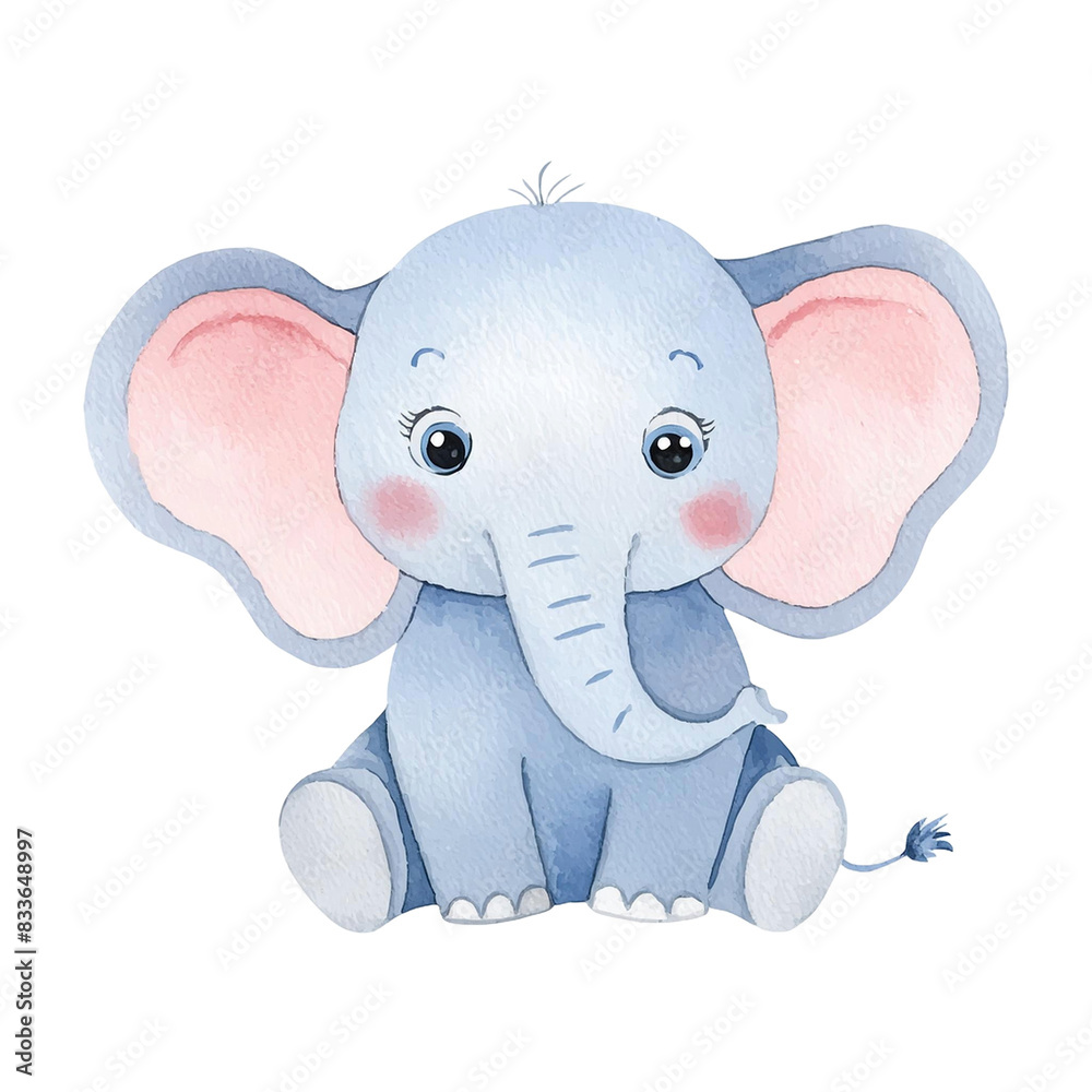 Fototapeta premium Cute watercolor illustration of a little elephant, Baby elephant PNG, Elephant isolated on white background. Sitting baby elephant on white background