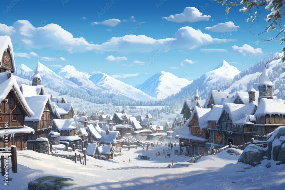 Fototapeta premium Idyllic winter scene of a picturesque village blanketed in snow with mountains in the background