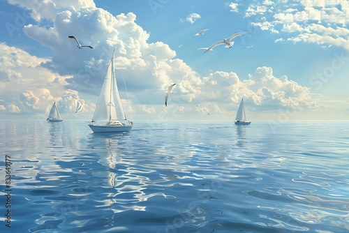 Peaceful summer scenes with sailboats and seagulls, set against a backdrop of calm seas and clear blue skies. © crescent