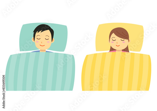 布団で眠る男性と女性のイラストのセット
